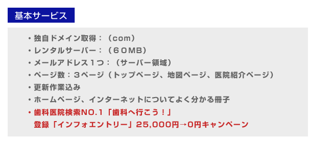 ・独自ドメイン取得：（com）・レンタルサーバー：（60MB）・メールアドレス１つ：（サーバー領域）・ページ数：３ページ（トップページ、地図ページ、医院紹介ページ）・更新作業込み・ホームページ、インターネットについてよく分かる冊子